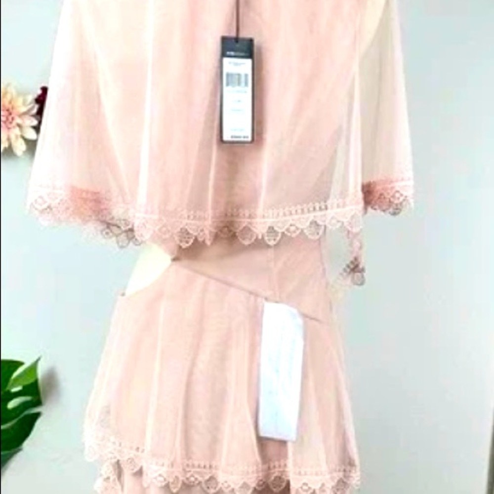 BCBGMAXAZRIA Blush Polyester Tulle Caplet Cutout Formal Midi Dress 4